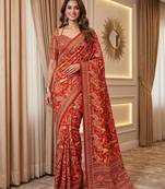 Red Silk blend ajrak print mirror work saree