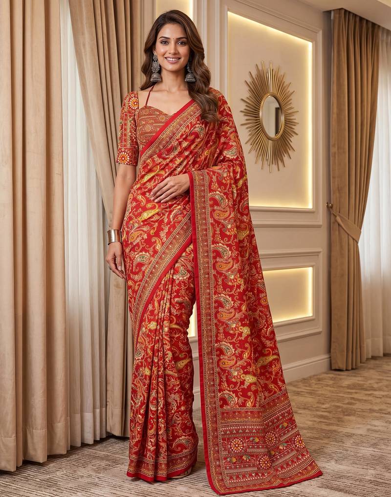 Red Silk blend ajrak print mirror work saree