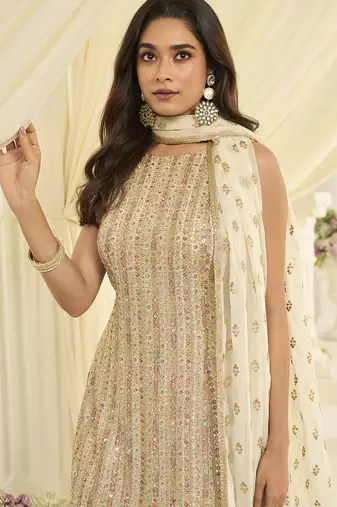 Cream embroidered gerogette sarara suit