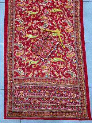 Red Silk blend ajrak print mirror work saree 2