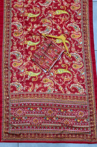 Red Silk blend ajrak print mirror work saree