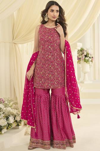 Pink embroidered gerogette sarara suit