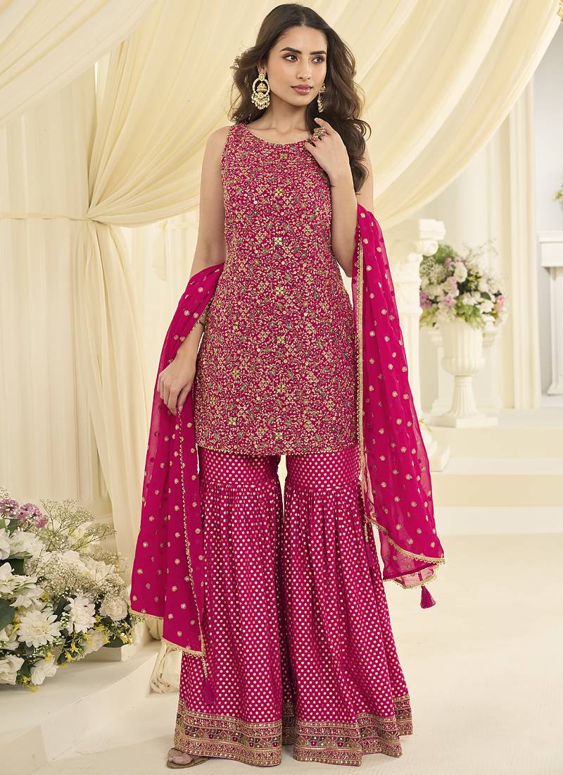 Pink embroidered gerogette sarara suit