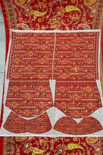 Red Silk blend ajrak print mirror work saree