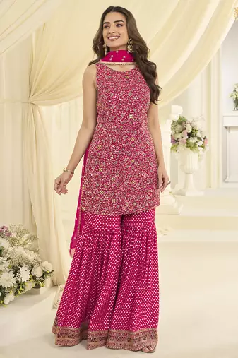 Pink embroidered gerogette sarara suit