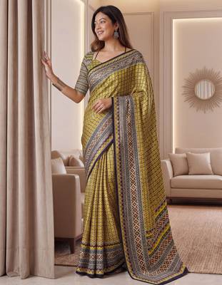 Yellow Silk blend ajrak print mirror work saree 1