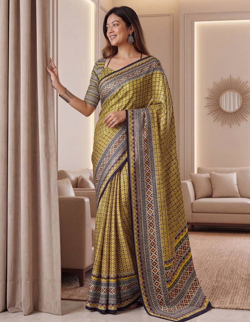 Yellow Silk blend ajrak print mirror work saree