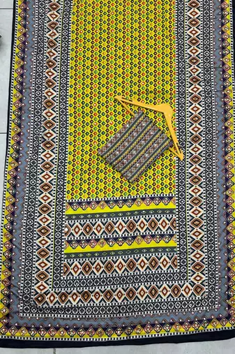 Yellow Silk blend ajrak print mirror work saree