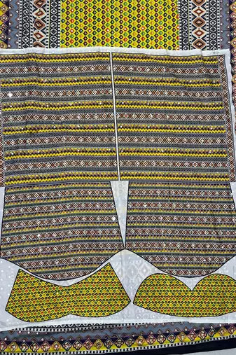 Yellow Silk blend ajrak print mirror work saree