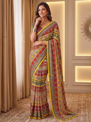Mustard Silk blend ajrak print mirror work saree 1