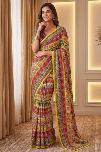 Mustard Silk blend ajrak print mirror work saree