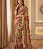 Mustard Silk blend ajrak print mirror work saree