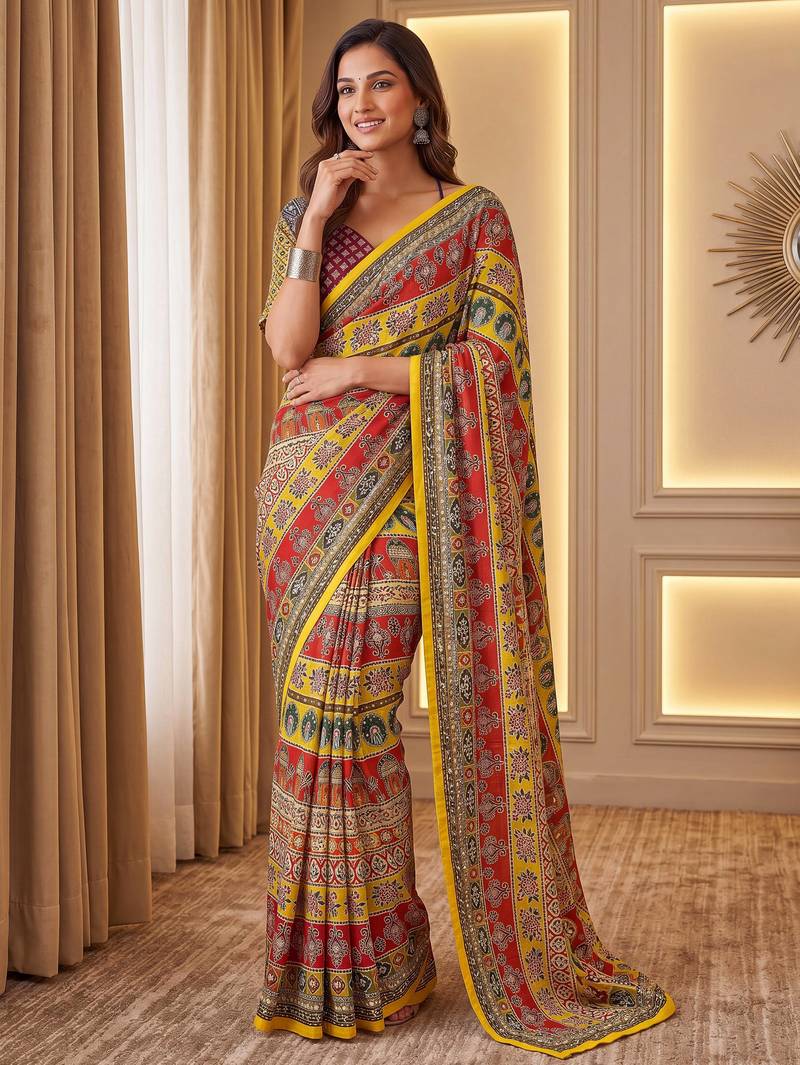 Mustard Silk blend ajrak print mirror work saree