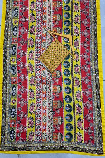 Mustard Silk blend ajrak print mirror work saree