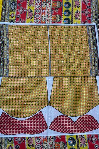 Mustard Silk blend ajrak print mirror work saree