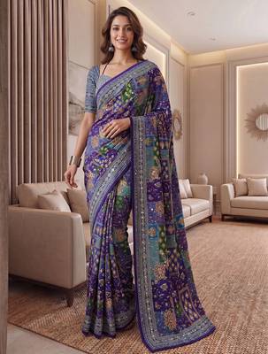 Purple Silk blend ajrak print mirror work saree 1