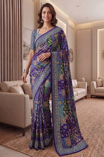Purple Silk blend ajrak print mirror work saree