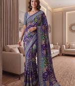 Purple Silk blend ajrak print mirror work saree