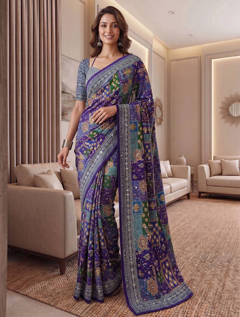 Purple Silk blend ajrak print mirror work saree