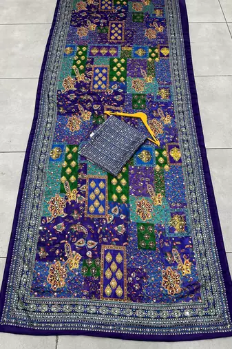 Purple Silk blend ajrak print mirror work saree
