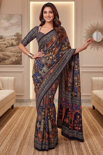 Navy blue Silk blend ajrak print mirror work saree