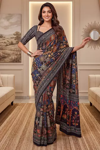 Navy blue Silk blend ajrak print mirror work saree