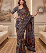 Navy blue Silk blend ajrak print mirror work saree