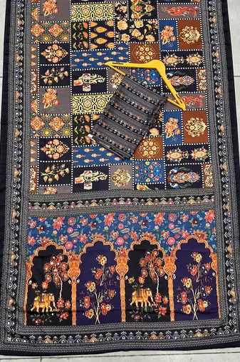 Navy blue Silk blend ajrak print mirror work saree