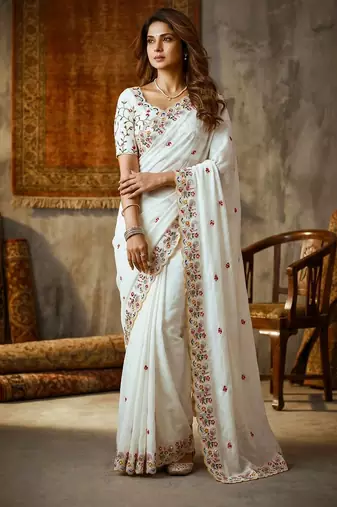 white Silk blend embroidered cutwork border saree