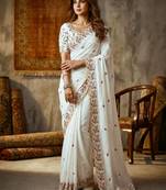 white Silk blend embroidered cutwork border saree