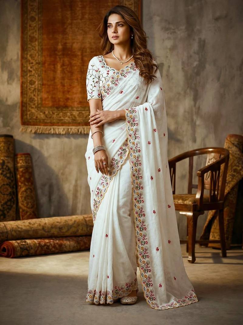 white Silk blend embroidered cutwork border saree