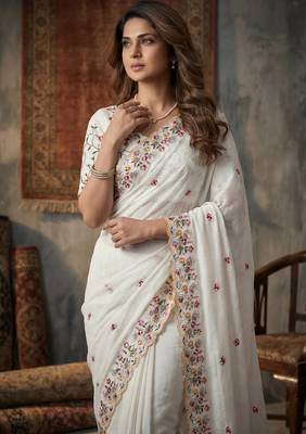 white Silk blend embroidered cutwork border saree 2
