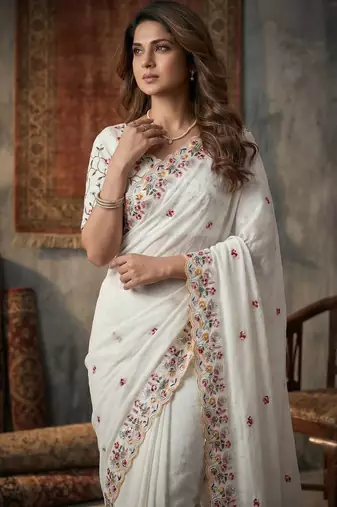 white Silk blend embroidered cutwork border saree