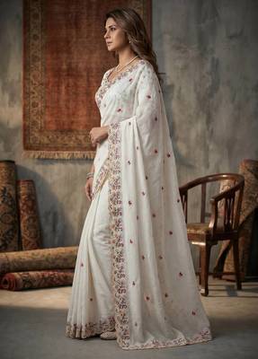 white Silk blend embroidered cutwork border saree 3