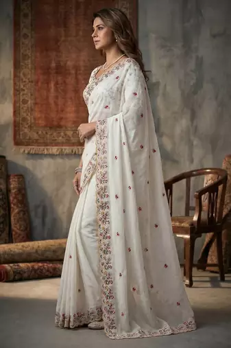 white Silk blend embroidered cutwork border saree