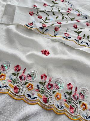 white Silk blend embroidered cutwork border saree 4