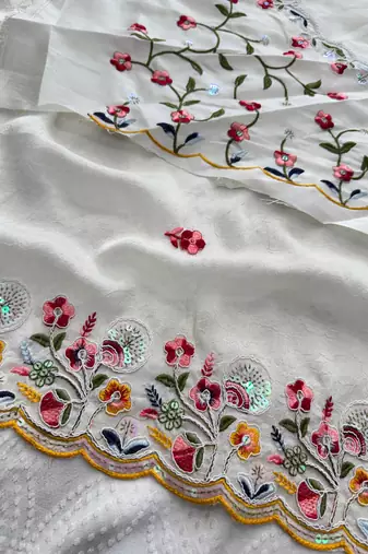 white Silk blend embroidered cutwork border saree