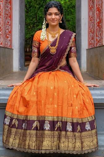  Orange Woven silk blend Lehenga Choli with Contrast Purple Dupatta