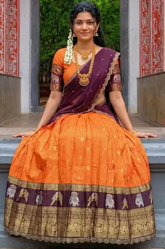  Orange Woven Silk Lehenga Choli with Contrast Purple Dupatta
