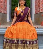 New Stylish Traditional Orange Woven Silk Lehenga Choli with Contrast Purple Dupatta