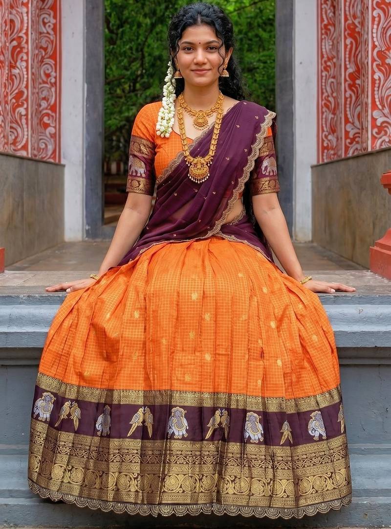 New Stylish Traditional Orange Woven Silk Lehenga Choli with Contrast Purple Dupatta