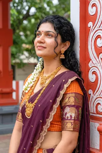  Orange Woven Silk Lehenga Choli with Contrast Purple Dupatta