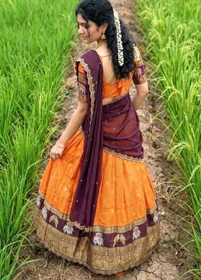  Orange Woven silk blend Lehenga Choli with Contrast Purple Dupatta 3