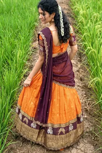  Orange Woven Silk Lehenga Choli with Contrast Purple Dupatta