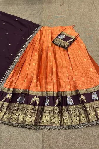  Orange Woven Silk Lehenga Choli with Contrast Purple Dupatta