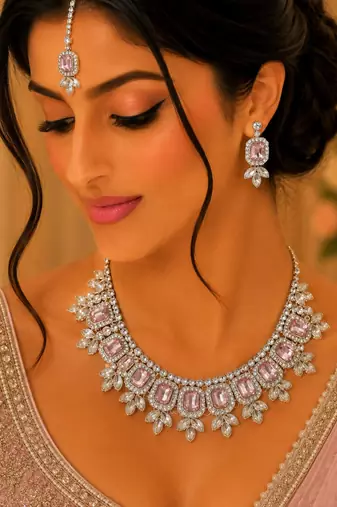Beby pink color necklace set with earrings & maang tikka | kundan & agate stone | lekar gold plating