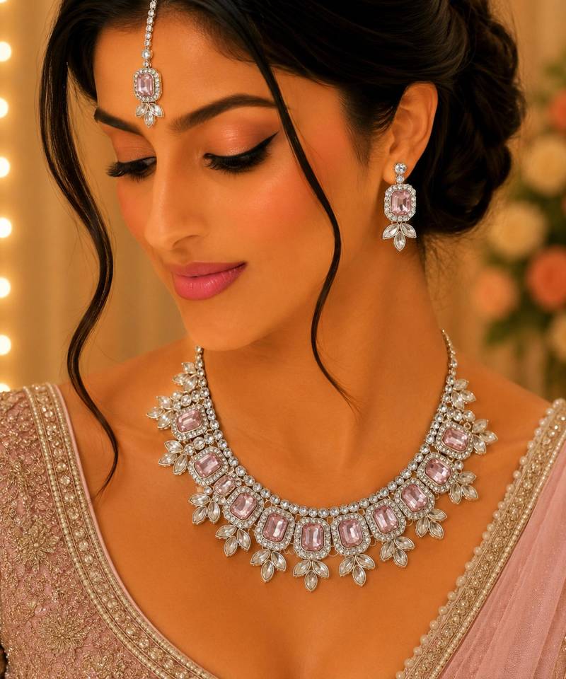 Beby pink color necklace set with earrings & maang tikka | kundan & agate stone | lekar gold plating