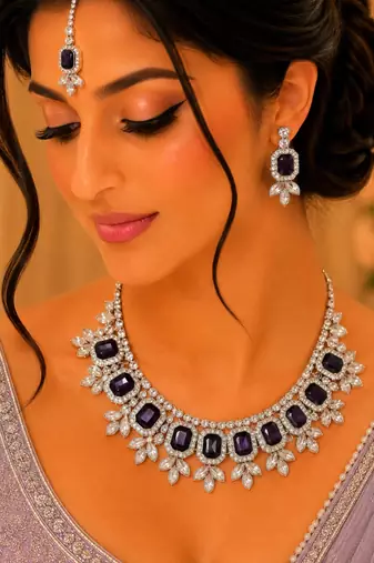 Purple color necklace set with earrings & maang tikka | kundan & agate stone | lekar gold plating