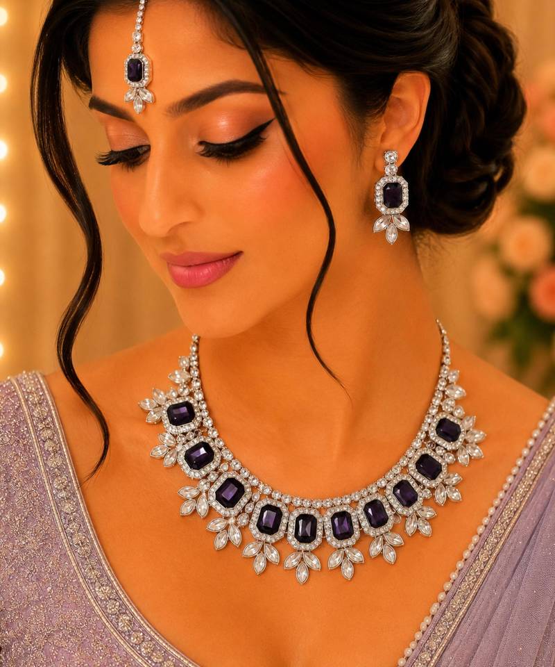 Purple color necklace set with earrings & maang tikka | kundan & agate stone | lekar gold plating