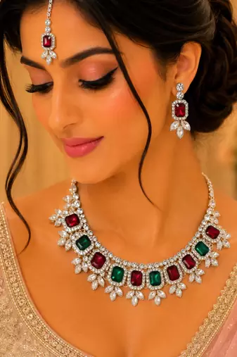 Maroon green color necklace set with earrings & maang tikka | kundan & agate stone | lekar gold plating